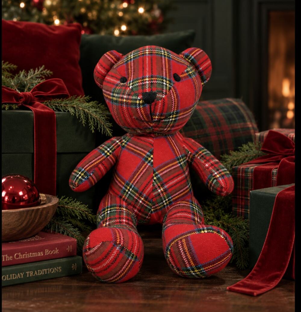 Pottery Barn Stewart Plaid Bear Pillow 14" Tartan Christmas Holiday Retired